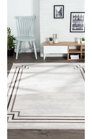 By Özer Halı Krem Renk Kahve Ve Gri Bordürlü Modern Karmen Halı Trend 02803a Salon Halısı Çok Renkli