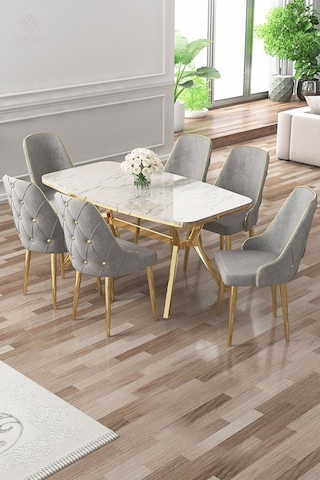 Canisa Asel Serisi 90x160 Lak Panel Beyaz Mermer Desen Gold Kaplama Ayaklı Masa Takımı Ve 6 Gri Sandalye Beyaz Mermer Desen Masa Sandalyeler Gri