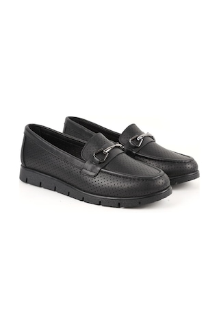 Libero L076.2500-1 Lazer Kesim Metal Tokalı Esnek Kalın Eva Taban Kadın Loafer Siyah