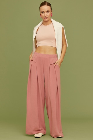 Sementa Volanlı Bol Kesim Krep Pantolon - Pembe Pembe