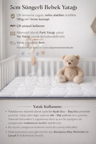 5cm Sade Süngerli Bebek Çocuk Beşik Yatağı 70x110 Park Yatak Oyun Parkı Yatağı 70 x 110 CM