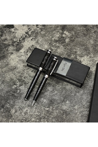 Kişiye Özel Premium Roller Ve Tükenmez Kalem Seti Tasarım Kutulu Siyah