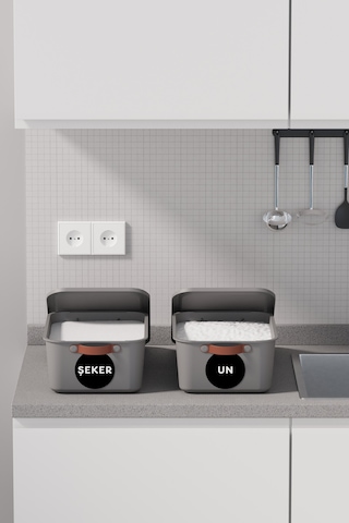 2 Li Bakliyat Erzak Saklama Kabı Un Şeker Saklama Kutusu Kapaklı Kulplu Plastik Saklama Kabı Gri