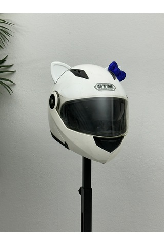 Motor & Motosiklet Koyu Mavi Fiyonklu Beyaz Kedi Kulak Kask Dış Aksesuarı Diğer