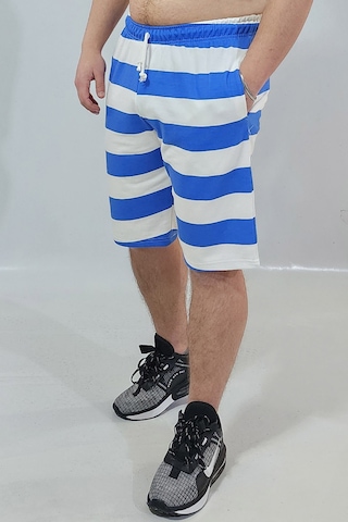 Mavi Çizigili Pamuklu Şort Beyaz - Mavi