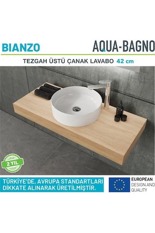 Aqua Bagno Bianzo Tezgah Üstü Çanak Lavabo, Batarya Deliksiz, 42 Cm Beyaz