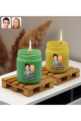 Bk Gift Kişiye Özel Dtf Karikatürlü 2 Li Yeşil Ve Sarı Renkli Cam Kavanozda Kokulu Mum-1, Arkadaşa Hediye, Sevgiliye Hediye