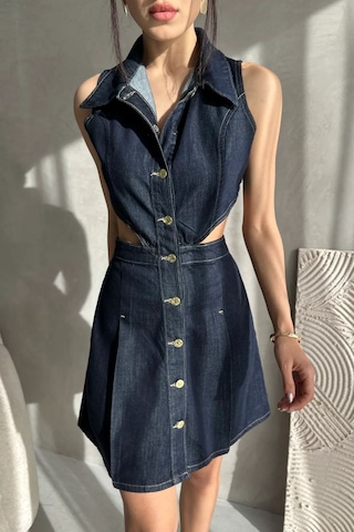Nido Moda Kadın Yaka Detaylı Cut-out Mini Denim Elbise Lacivert