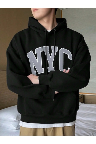 Startmore Siyah Unisex Kadın/erkek Siyah Nyc Özel Baskılı Pamuklu Oversize Kapüşonlu