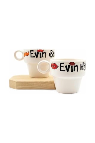 Evin Hanımı & Evin Beyi 2&apos Li Espresso Bardak Seti - Hediye Seramik Fincan Açık Ahşap