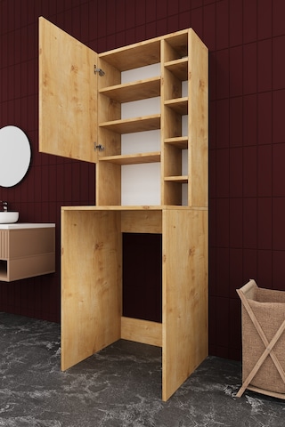 Asra Trend Çamaşır Makinesi Üstü Banyo Dolabı BD-02 %100 MDF Kapaklı Organizer Raf Safir Meşe