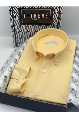 Slim Fit Uzun Kol Pamuklu Hediye Kutulu Kolay Ütülenebilir Erkek Gömlek Fs-002225 - Sarı-2808