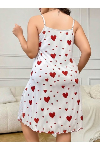 Arias Closet Büyük Beden Kalp Desen Pamuklu İnce Askılı Uzun Gecelik Beyaz