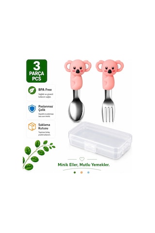 Figürlü Pembe Premium Çocuk Bpa Free Silikon Saplı Paslanmaz Çelik Uçlu Çatal-kaşık, 9+ Ay