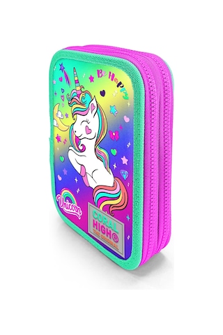 Coral High Kids Lavanta Su Yeşili Unicorn Desenli Çift Katlı Kalem Çanta 11129 Pembe - Su Yeşili