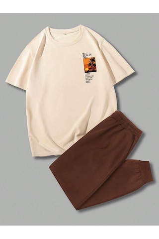 Beach T-shirt Eşofman Altı Jogger - Bej Kahverengi Baskılı Eşofman Takımı Oversize Bisiklet Yaka Bej Kahverengi
