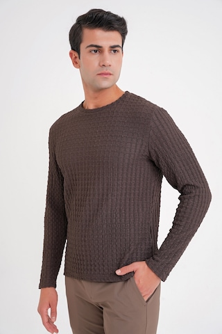 Efor Slim Fit Esnek Pamuklu Dokulu Kumaş Uzun Kollu Kahverengi Tişört Ts 934