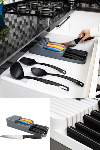 2 Sıra Bıçaklık Çekmece İçi Güvenli Bıçak Düzenleyici, Kaydırmaz Şık Ve Pratik Mutfak Çözümü Diğer