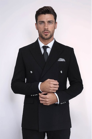 Gümüş Düğmeli Slim Fit Kruvaze Siyah Erkek Takım Elbise Wessi Siyah