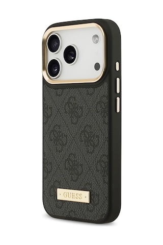 Apple Uyumlu iPhone 17 Pro Kılıf Guess Lisanslı M-safeli 4g Desenli Pu Metal Plaka Klasik Logolu Siyah Siyah