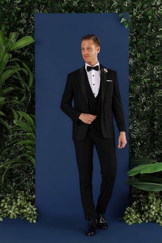 Efor Black 069 Slim Fit Yelekli Çıkarılabilir Saten Yaka Çift Yırtmaçlı Siyah Damatlık Smokin Takım Siyah