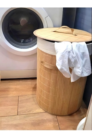 Ryzij Kot Kapaklı Yuvarlak Çamaşır Sepeti 401983567 Bej