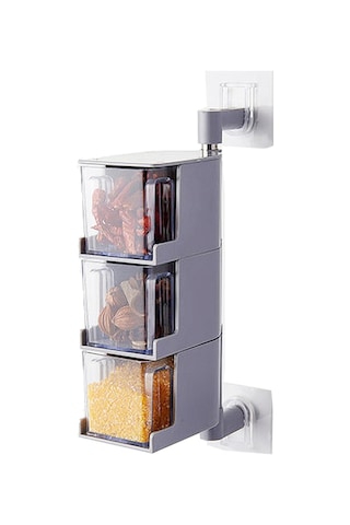 Kosona Duvar Üstü 3 Bölmeli Baharat Kutusu Seti - Deliksiz Yapıştırıcı Montaj - Gri Renk - 3 Kaşık Dahil Diğer