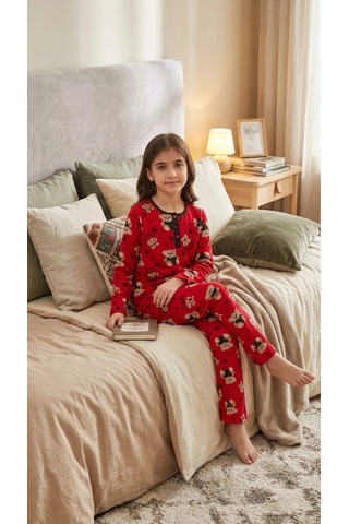 Biçomi Kaşıntı Ve Tahriş Önleyici %100 Pamuk Kalpli Ayıcık Çocuk Pijama Takımı Kırmızı
