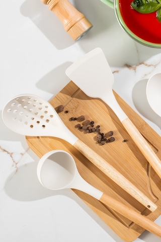 Porsima 3166 Bambu Silikon 4 Parça Servis Takımı Seti Beyaz Beyaz