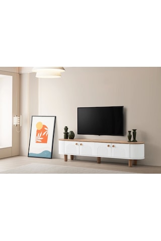 Tv Sehpası 4 Kapaklı Beyaz-meşe 180cm Kurulu Gönderilir Beyaz