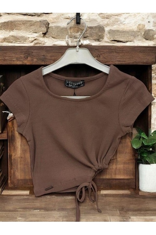 Zekids Kız Çocuk Crop Yandan Pencereli Bluz-14395 Kahverengi