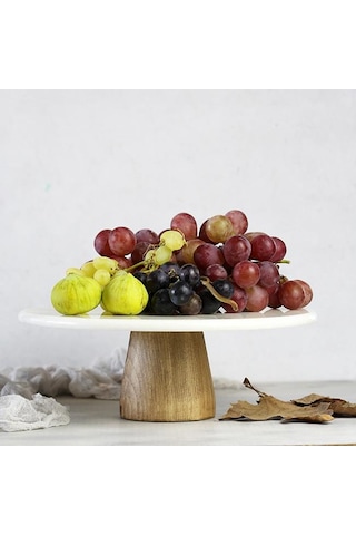 Akayev Mermer 28 CM Konik Ahşap Ayaklı Beyaz Yuvarlak Sunum Tabağ