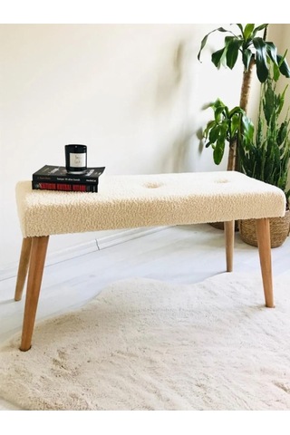 Ahşap Ayaklı Handmade Geniş Oturum Alanlı Krem Welsoft Kumaş Pofidik Puf Bench ,ayak Ucu Uzatmalık Krem