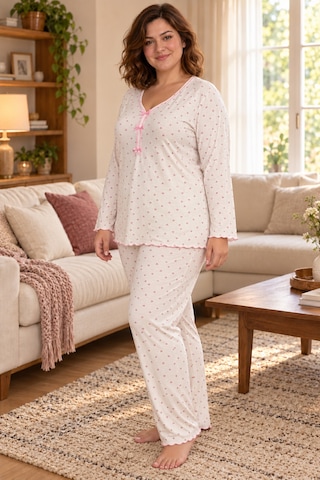 Seboteks Mevsimlik İnce Kumaş Kalp Desenli Uzun Kollu Büyük Beden Kadın Pijama Takımı 3177 Ekru