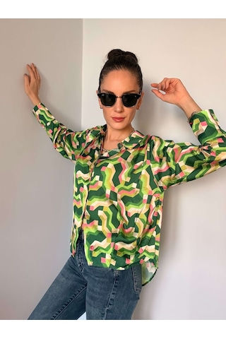 Ali Butik Retro Yeşil Desenli Saten Gömlek Yeşil