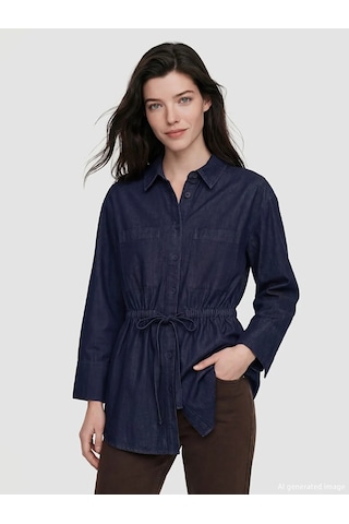 Lc Waikiki İndigo Büzgülü Kadın Jean Gömlek Tunik Indigo
