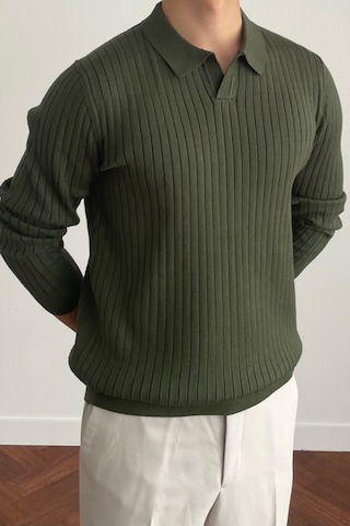 Cool Tarz Erkek Polo Yaka Triko Kazak Slim Fit Fitilli Haki