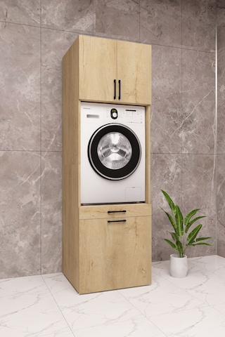 Mdf Çamaşır Makinesi Dolabı Sepetli Ahşap Lefkas Meşe