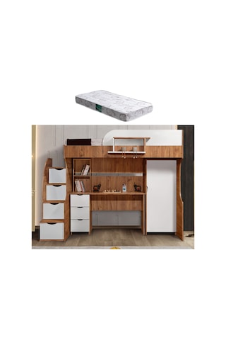 Ranza, Litera Ranza Dolap Çalışma Masası Koyu Ceviz - Beyaz + 1 Adet Comfort Yatak 90 x 190 Cm