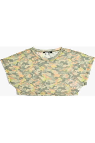 Koton Transparan Crop Tişört Spor Kısa Kollu Bisiklet Yaka Kamuflaj Desenli Yeşil Desenli 4sak10067nk 4SAK10067NK7D6 Yeşil
