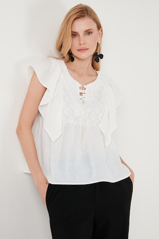 Lela Regular Fit Önden Bağlamalı Volanlı Bayan Bluz 611Fb20064 Ekru