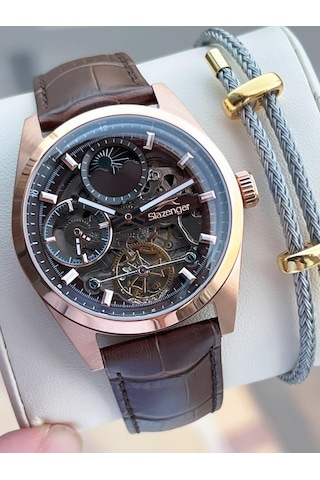 Slazenger Otomatik Seri Mehtap Ve Güneş Kadranlı İtalyan Bileklik Hediyeli Erkek Kol Saat Esl.2559.4 Rose Gold