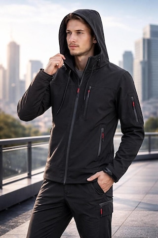 Vatan Tekstil Erkek Slim Fit Softshell Kapüşonlu Erkek Mont Su İtici Rüzgar Geçirmez Siyah
