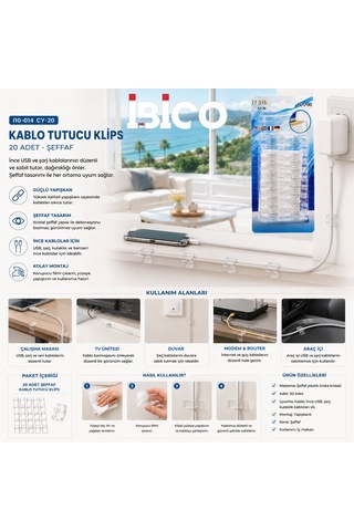 İbico İ10-014 Cy-20 Kablo Tutucu Klips 20 Adet İnce Kablo Yapışkanlı Şeffaf Plastik Mika Kristal - 20'li Paket