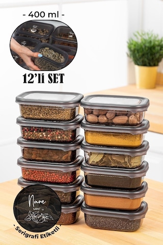 Vienev Beyaz Serigrafi Etiketli 12li Peggy Dikdörtgen Baharatlık Seti 400 Ml Antrasit Beyaz