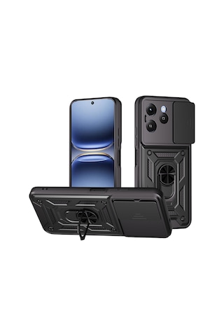 Zore Tecno Spark 40 4g Kılıf Magnetik Standlı Kamera Korumalı Zore Sürgülü Vega Kapak - Siyah