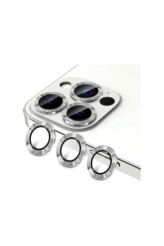 Apple Uyumlu iPhone 14 Pro Max Kamera Koruyucu Lens Mercek Metal Çerçeveli 3lü Set Gümüş Gri Silver