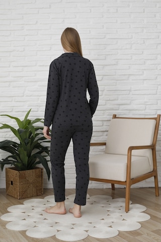 Fames Pijama Uzunkol Düğmeli Penye Pijama Takimi Kalpli Siyah