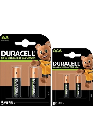 Duracell HR6/DX1500 2500 mAh AA Şarjlı Kalem Pil 2'li + Duracell HR03/DX2400 900 mAh AAA Şarjlı İnce Pil 2'li