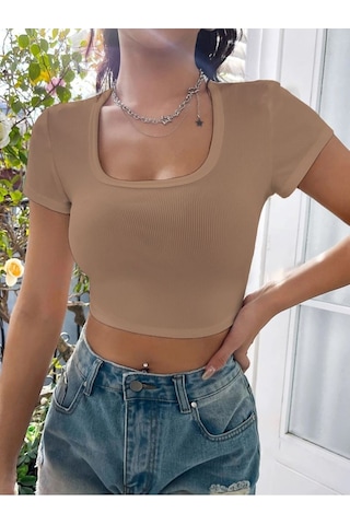 Rooted-kadın Kare & Havuz Yaka Crop T-shirt ,likralı Fitilli Kaşkorse Kumaş Bej
